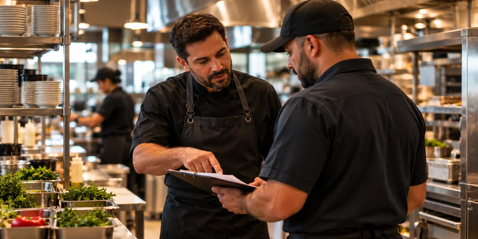 Chef reviewing a checklist on a clipboard with a colleague in a restaurant kitchen