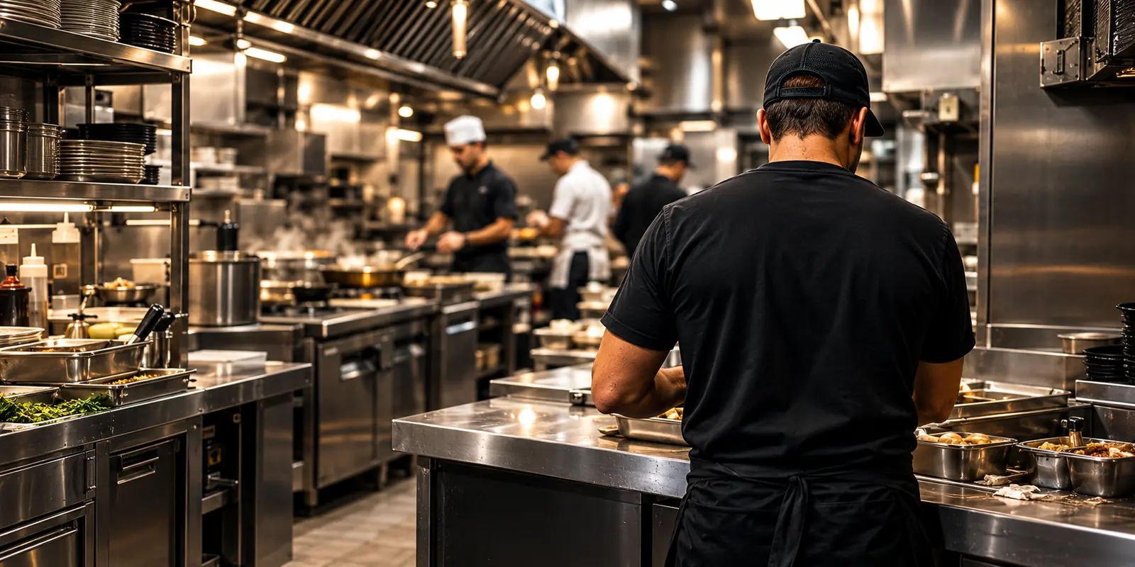 Cook working at a stainless steel prep station in a busy commercial kitchen