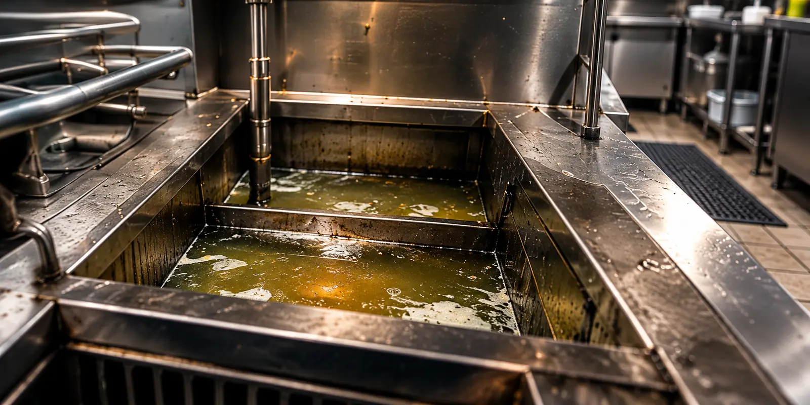 Commercial kitchen grease trap holding grease and wastewater