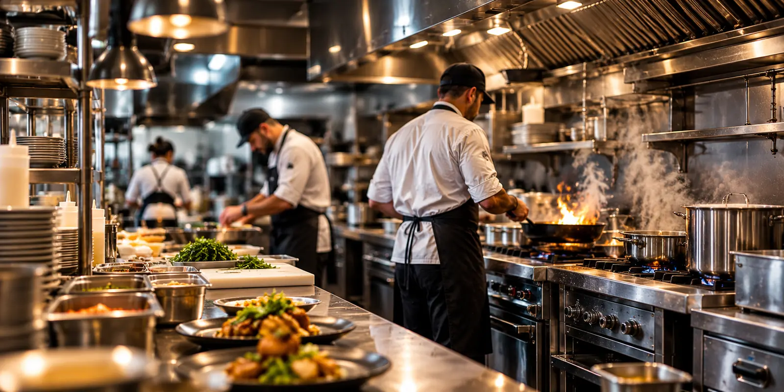 Line cooks working over an open flame in a restaurant kitchen