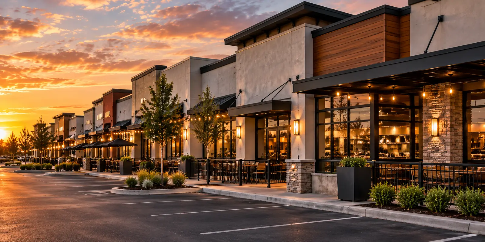 Row of restaurants with outdoor patios at sunset